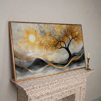 Autumn Tree Landscape Canvas in rose gold floating frame