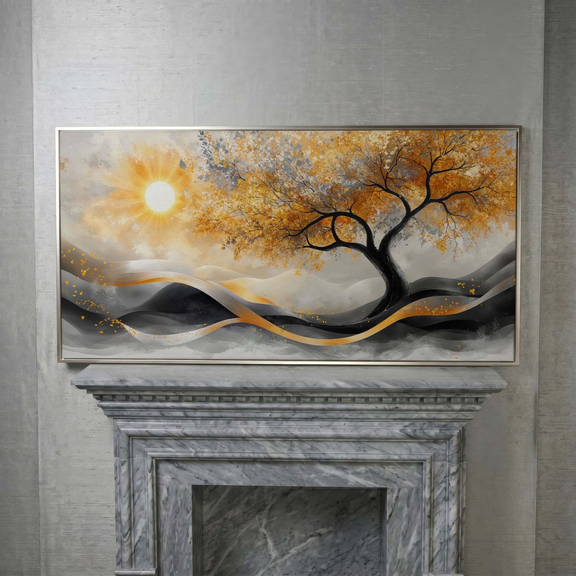 Autumn Tree Landscape Canvas in silver floating frame