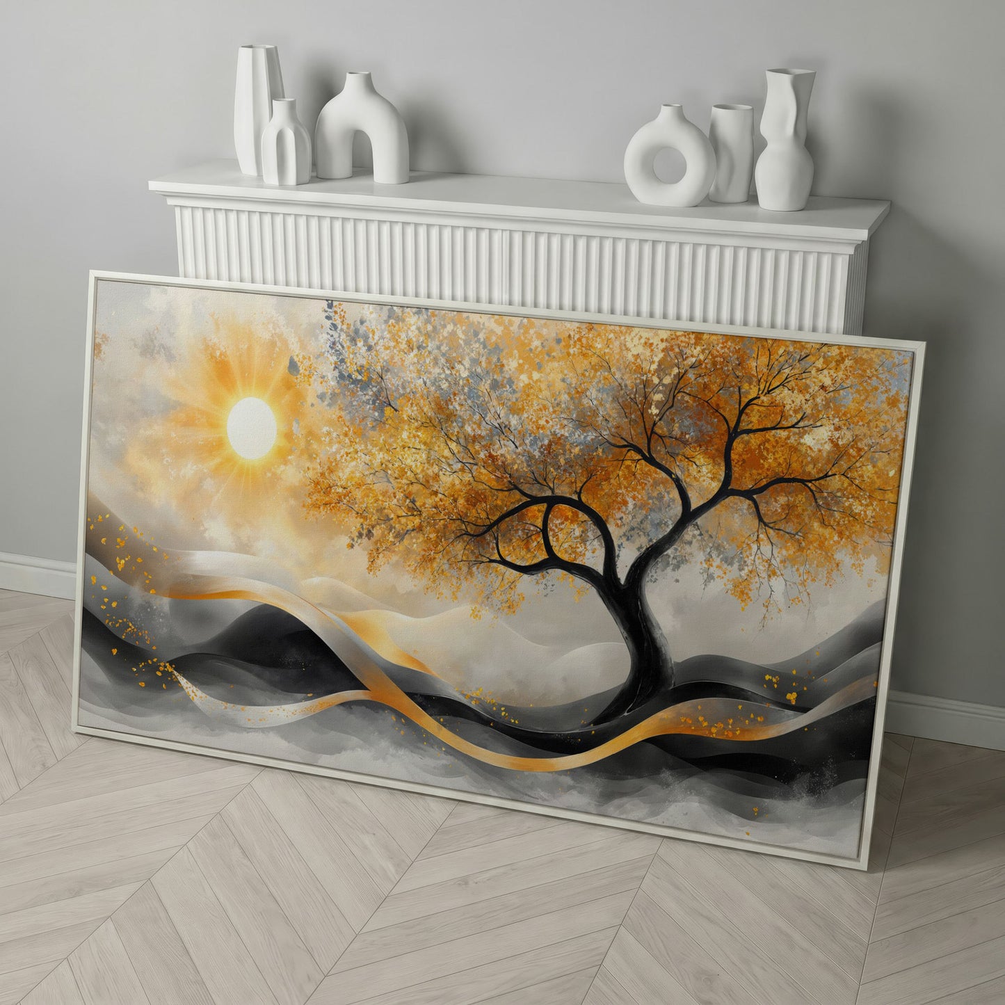 Autumn Tree Landscape Canvas in white floating frame