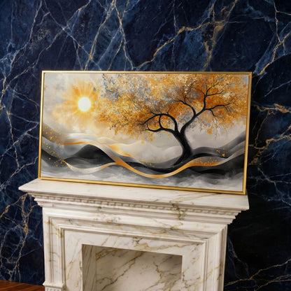 Autumn Tree Landscape Canvas in yellow gold floating frame
