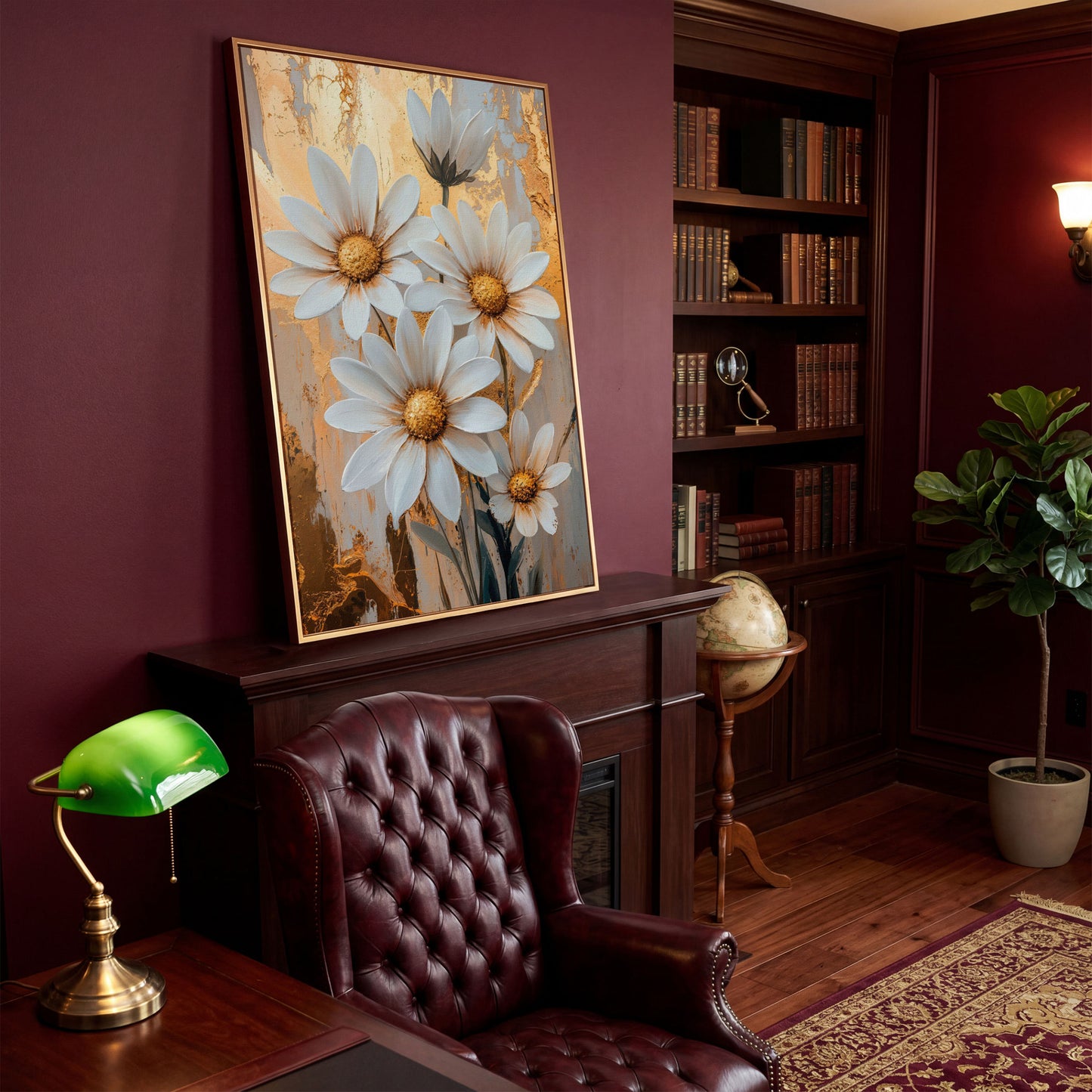 White Daisies with Gold Centers Canvas in antique gold floating frame