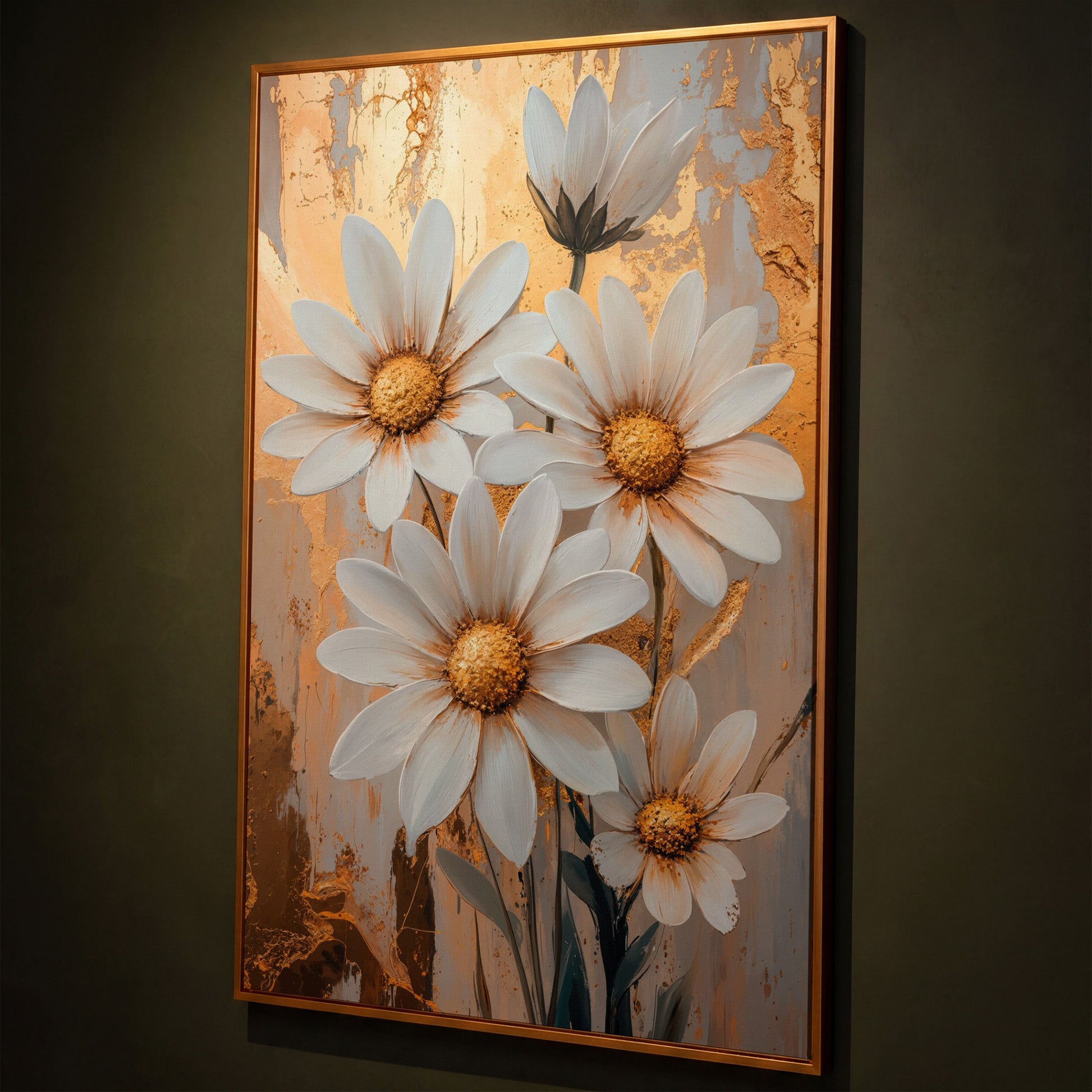 White Daisies with Gold Centers Canvas shown in antique gold floating frame