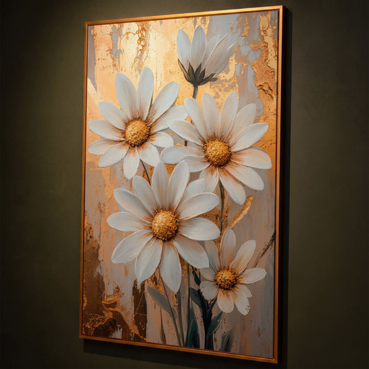 White Daisies with Gold Centers Canvas shown in antique gold floating frame