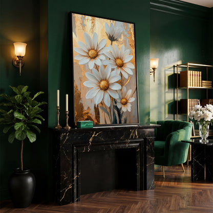 White Daisies with Gold Centers Canvas in black floating frame