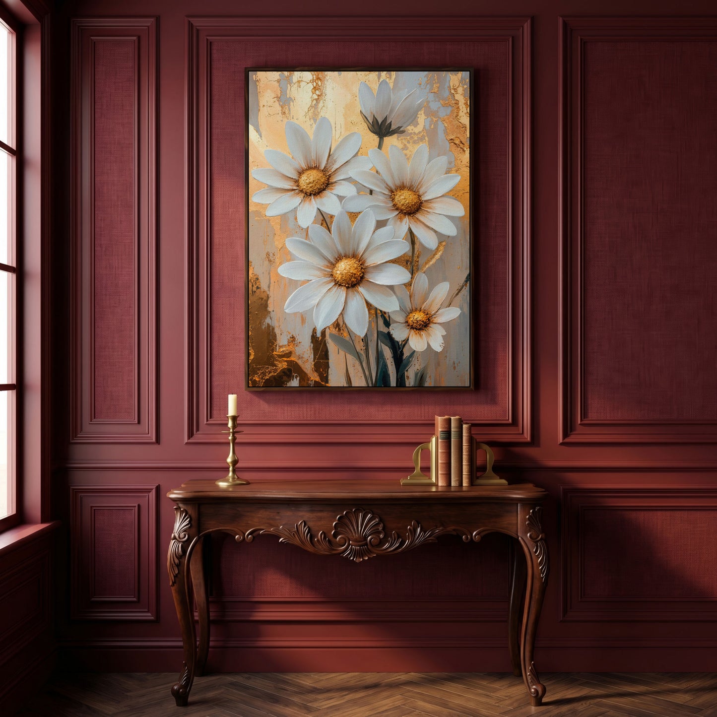 White Daisies with Gold Centers Canvas in dark walnut floating frame