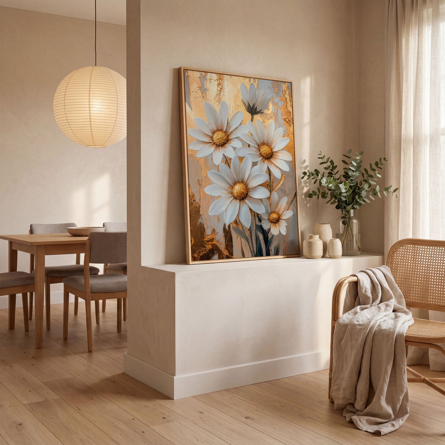 White Daisies with Gold Centers Canvas in white oak floating frame