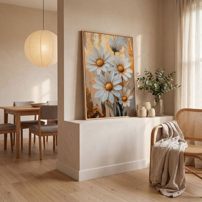 White Daisies with Gold Centers Canvas in white oak floating frame