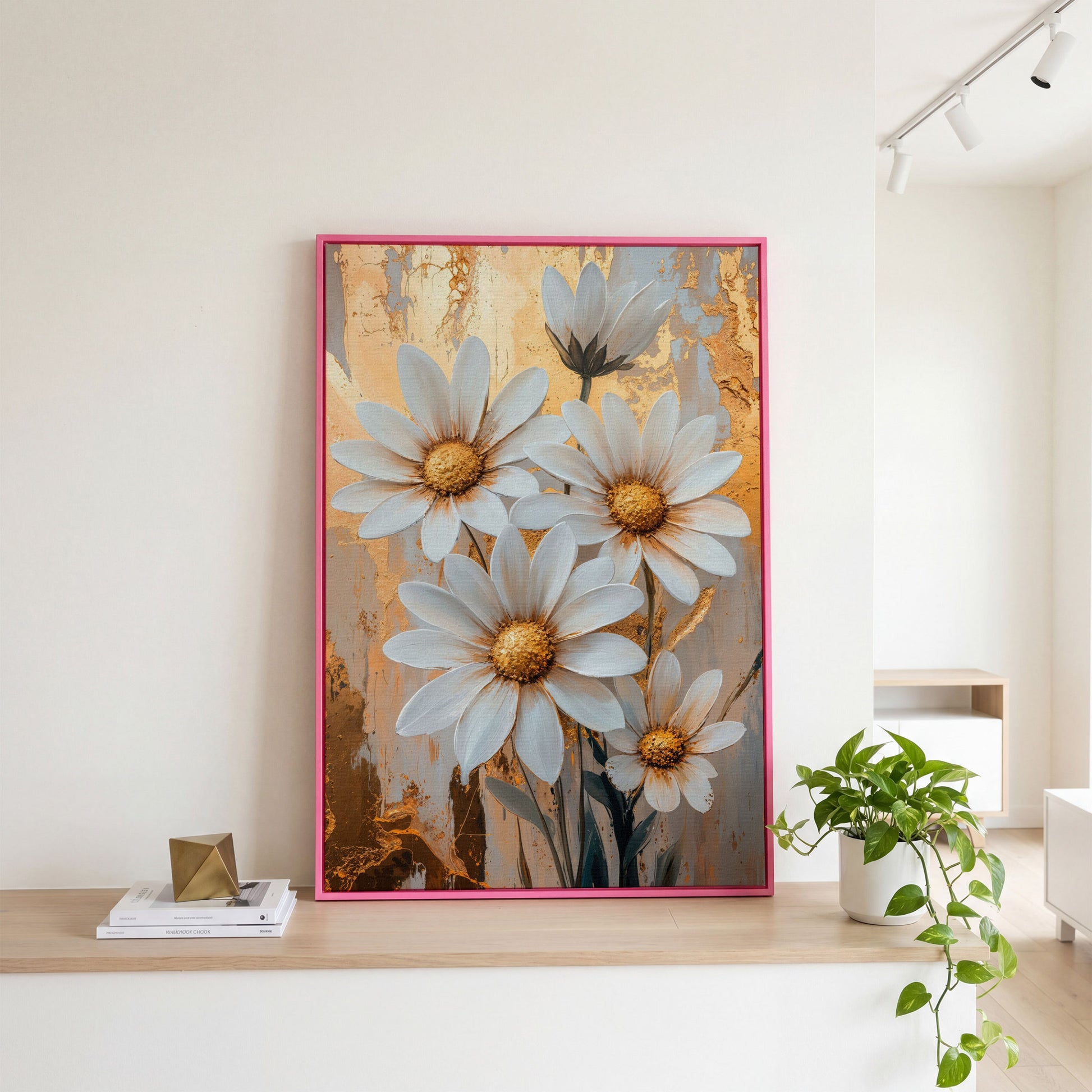 White Daisies with Gold Centers Canvas in pink floating frame