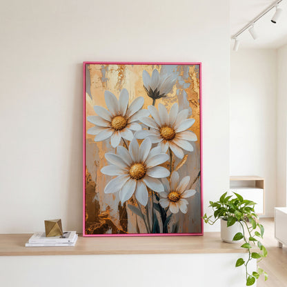 White Daisies with Gold Centers Canvas in pink floating frame