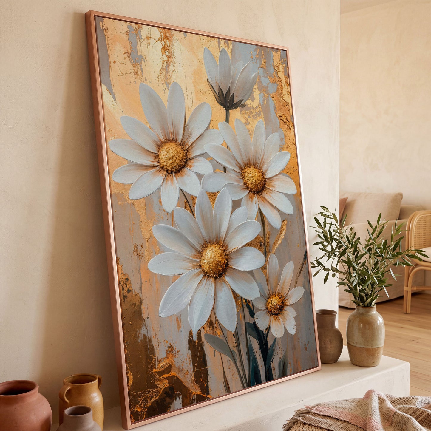 White Daisies with Gold Centers Canvas in rose gold floating frame