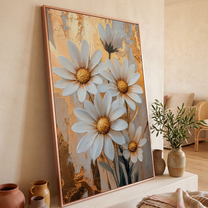 White Daisies with Gold Centers Canvas in rose gold floating frame