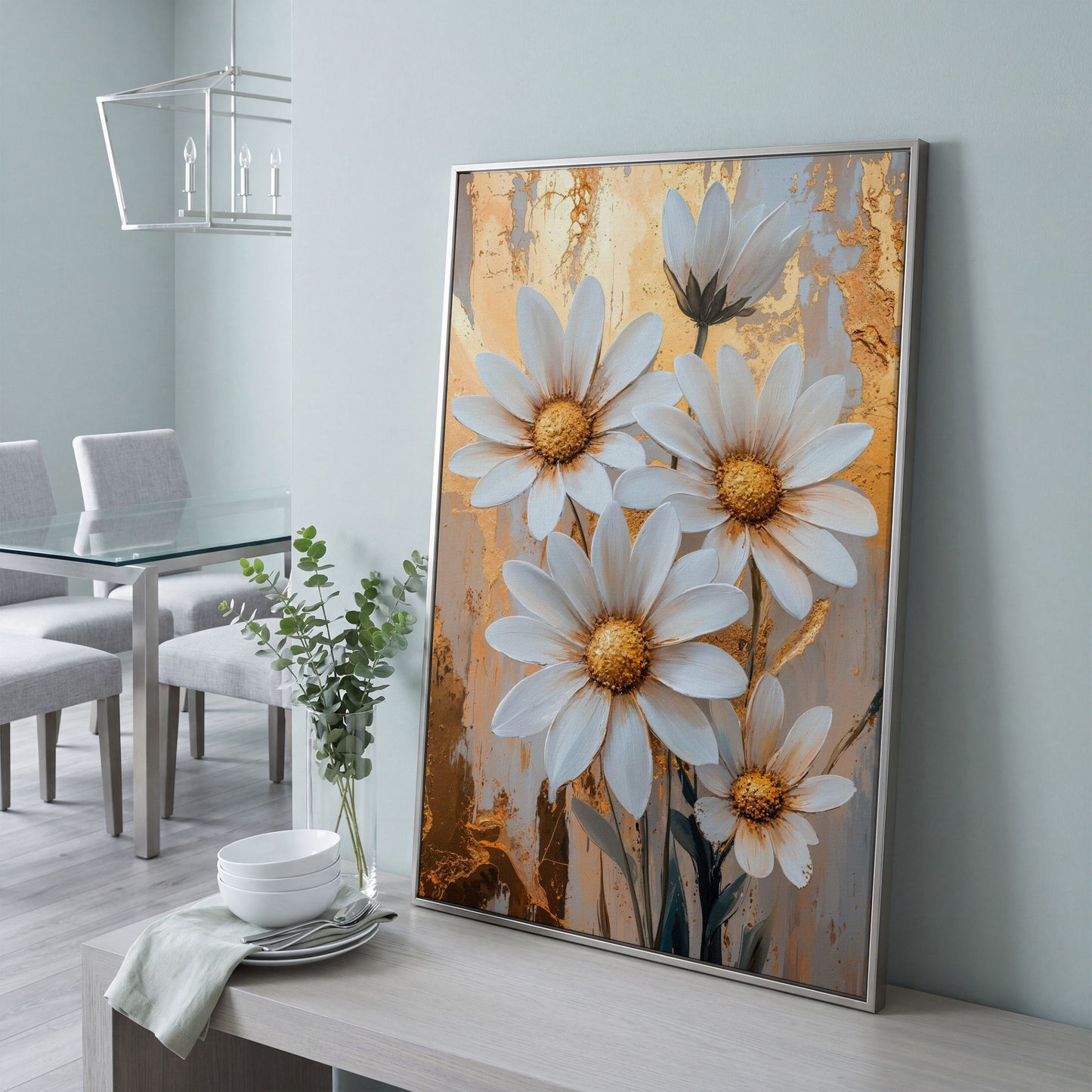 White Daisies with Gold Centers Canvas in silver floating frame