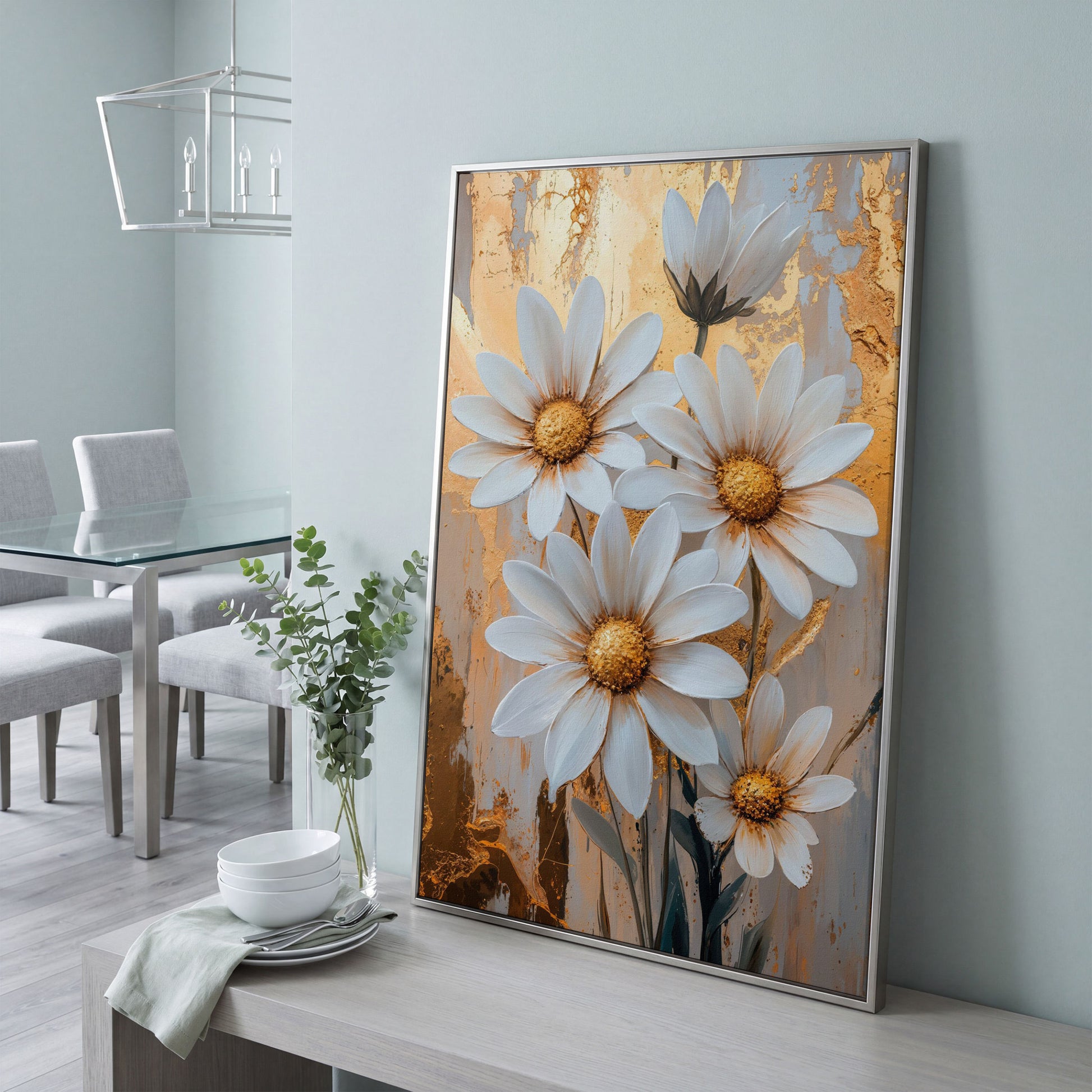 White Daisies with Gold Centers Canvas in silver floating frame