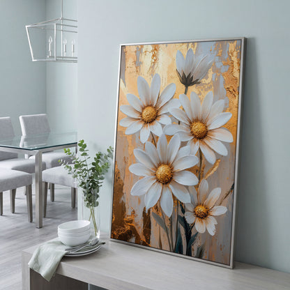 White Daisies with Gold Centers Canvas in silver floating frame