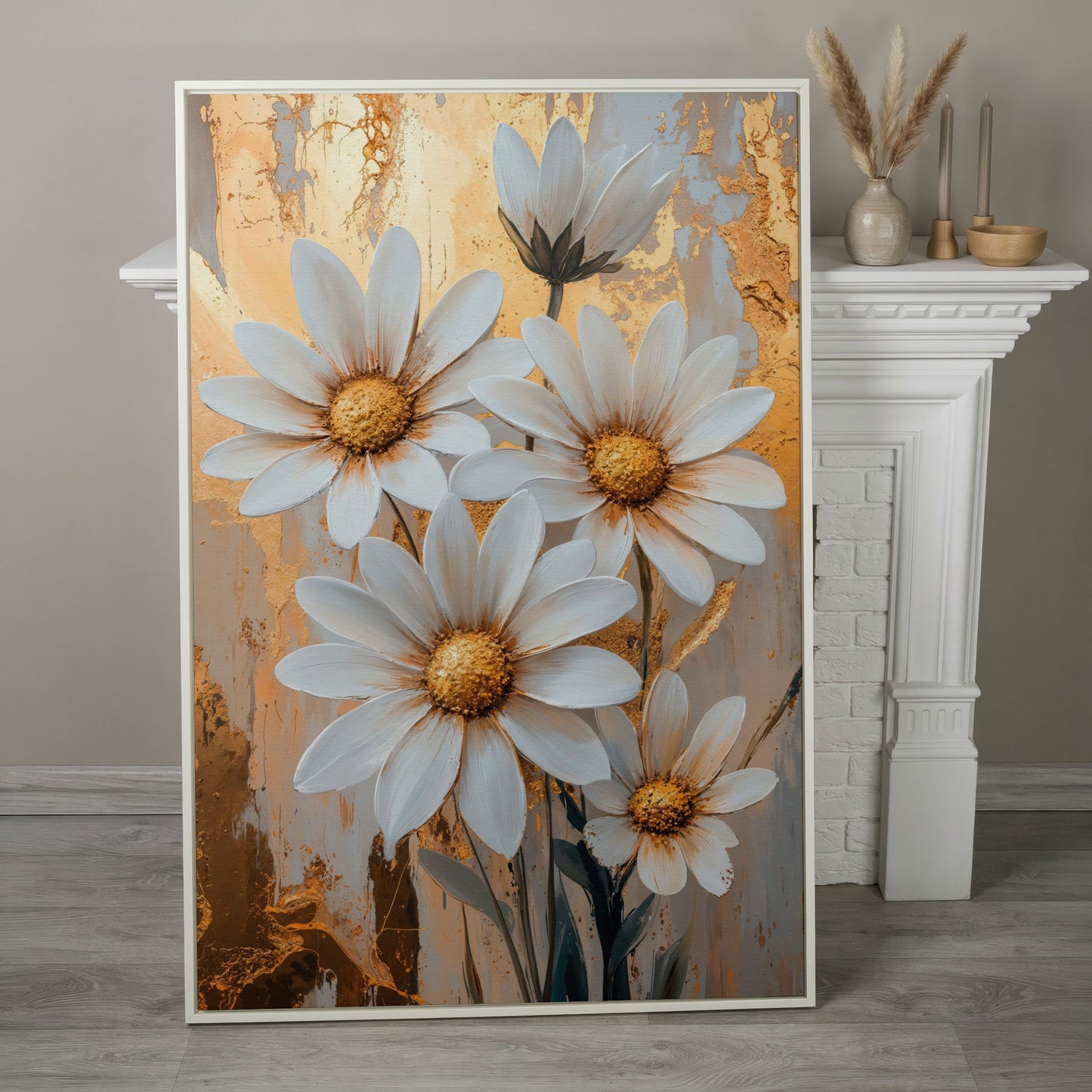 White Daisies with Gold Centers Canvas in white floating frame
