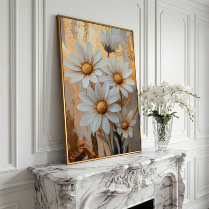 White Daisies with Gold Centers Canvas in yellow gold floating frame