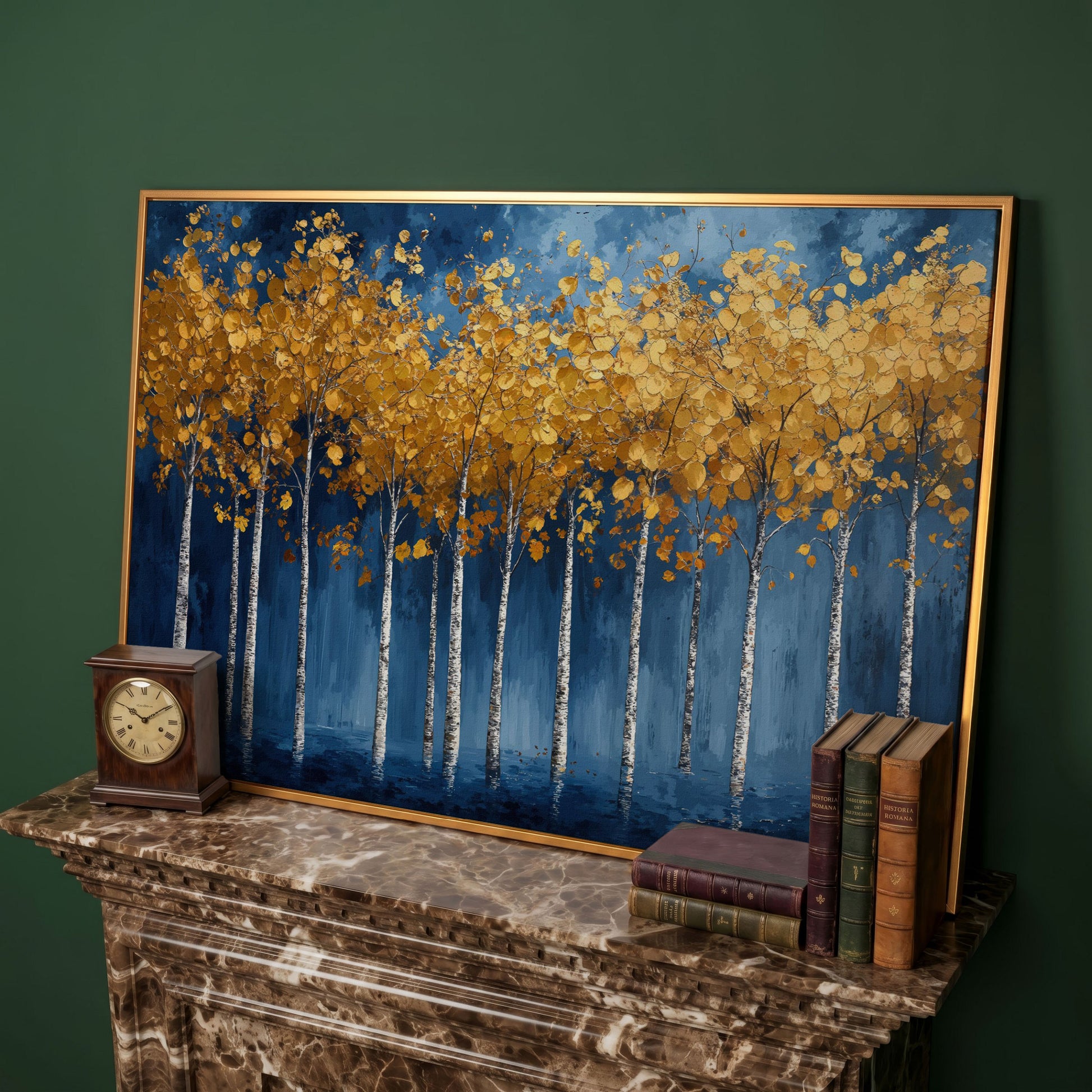 Golden Birch Trees Canvas Print in antique gold floating frame