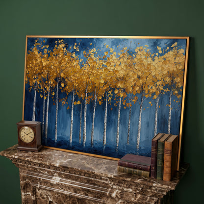 Golden Birch Trees Canvas Print in antique gold floating frame