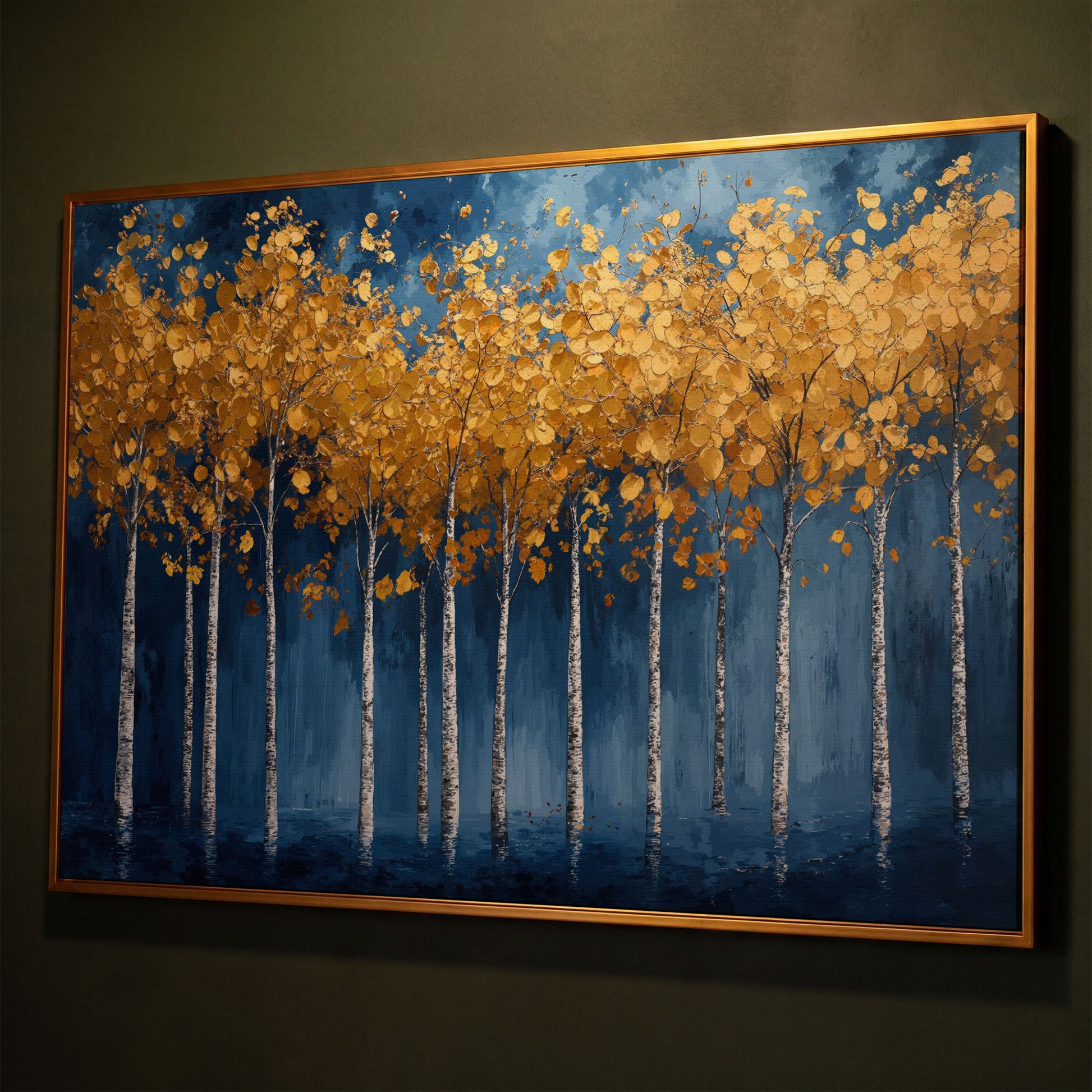 Golden Birch Trees Canvas Print shown in antique gold floating frame