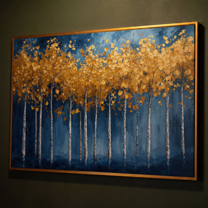 Golden Birch Trees Canvas Print shown in antique gold floating frame