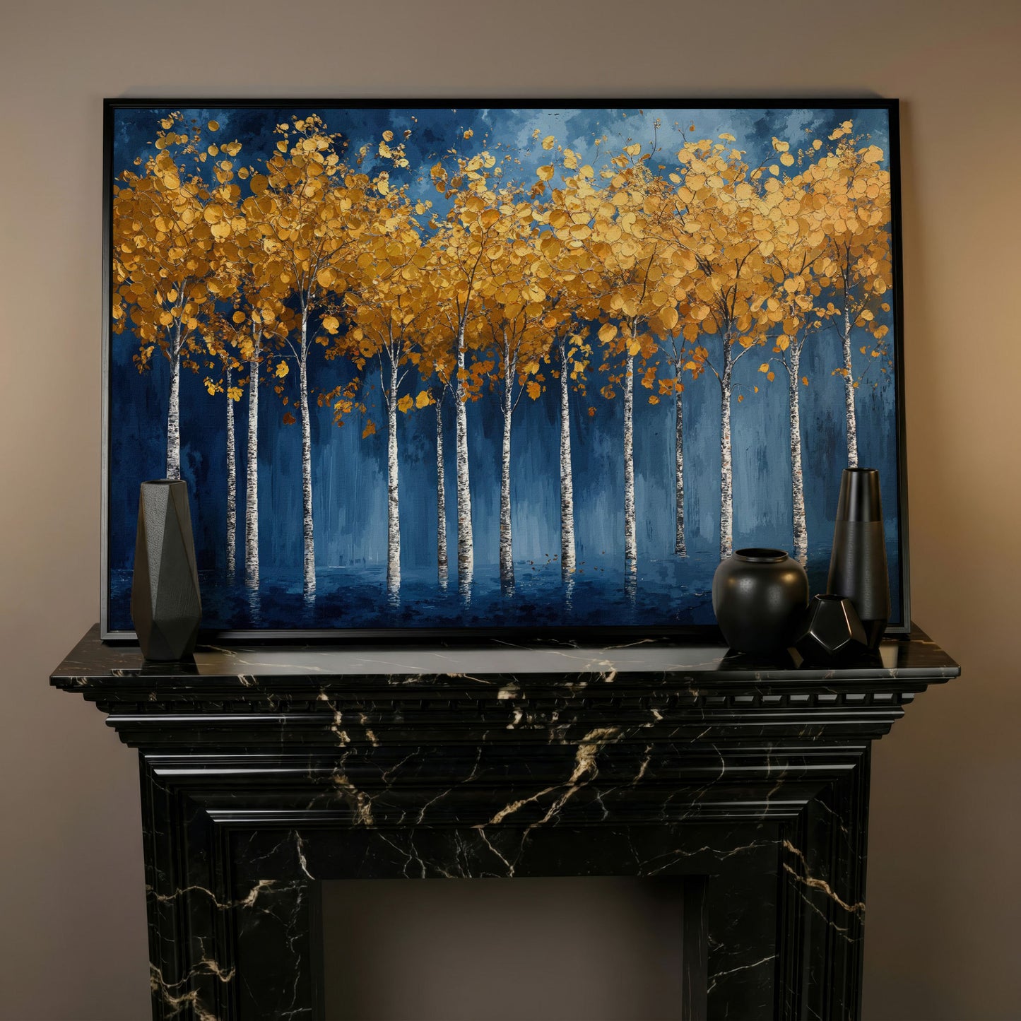 Golden Birch Trees Canvas Print in black floating frame