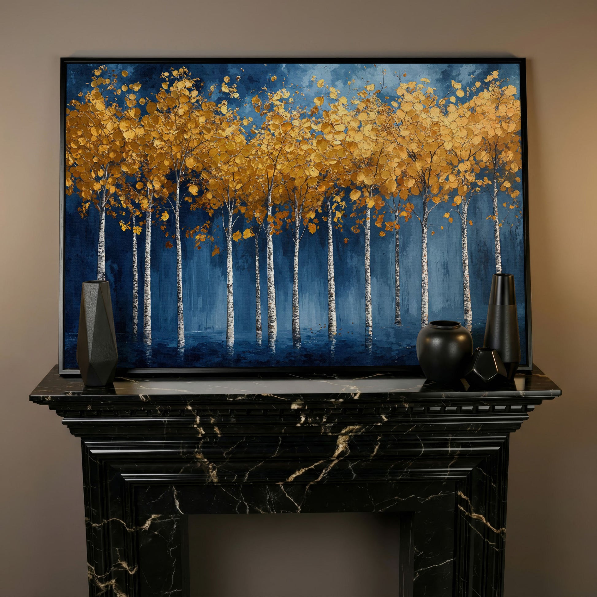 Golden Birch Trees Canvas Print in black floating frame