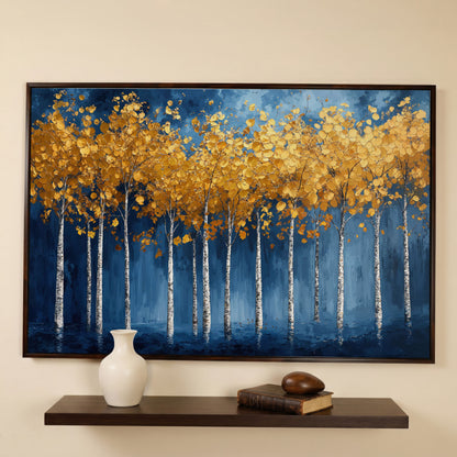 Golden Birch Trees Canvas Print in dark walnut floating frame