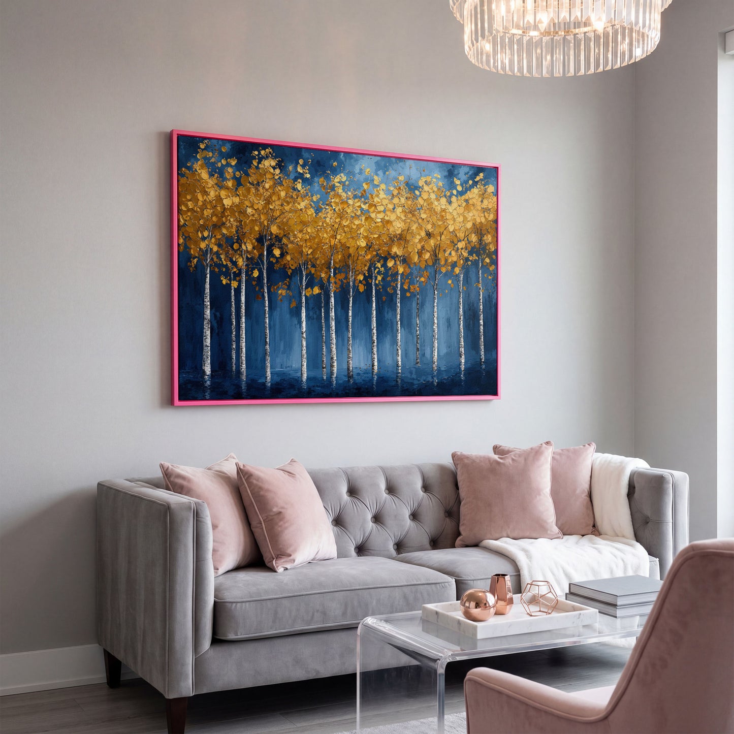 Golden Birch Trees Canvas Print in pink floating frame