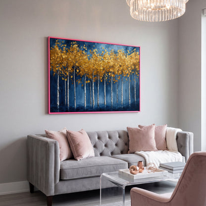 Golden Birch Trees Canvas Print in pink floating frame