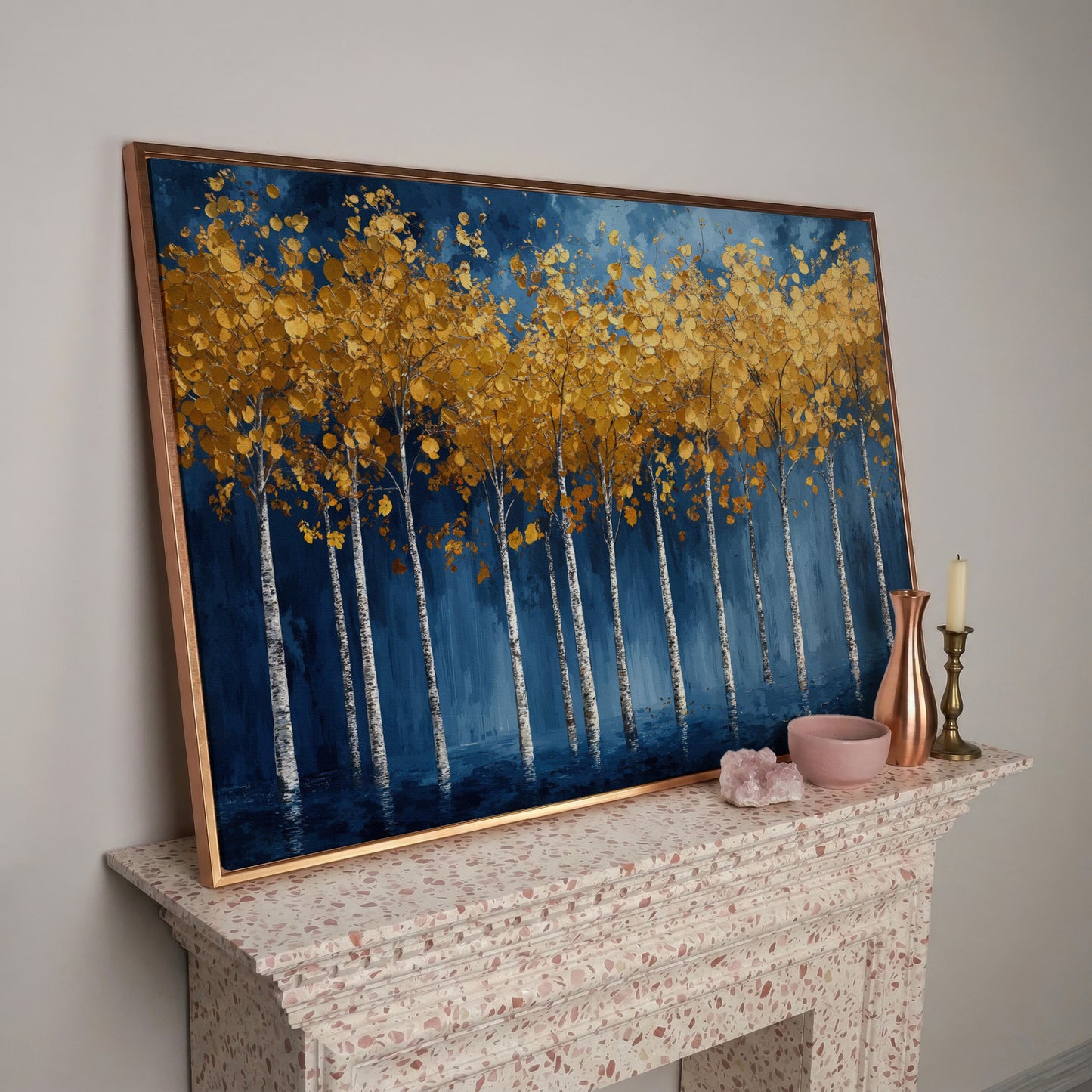 Golden Birch Trees Canvas Print in rose gold floating frame