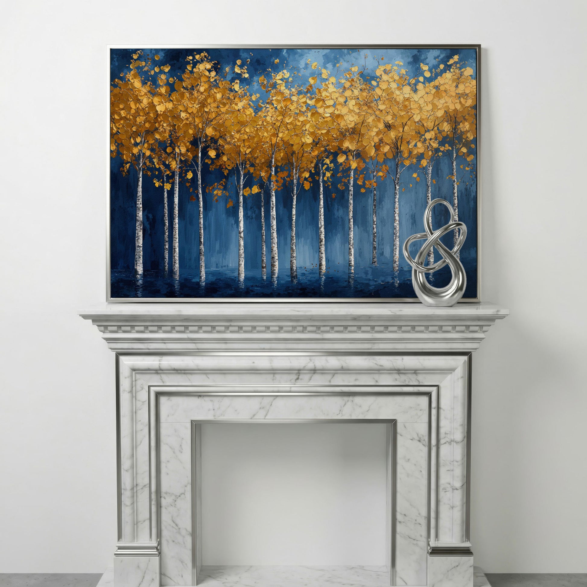 Golden Birch Trees Canvas Print in silver floating frame