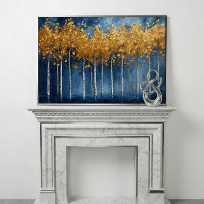 Golden Birch Trees Canvas Print in silver floating frame