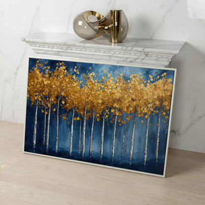 Golden Birch Trees Canvas Print in white floating frame
