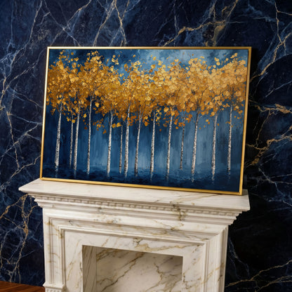 Golden Birch Trees Canvas Print in yellow gold floating frame