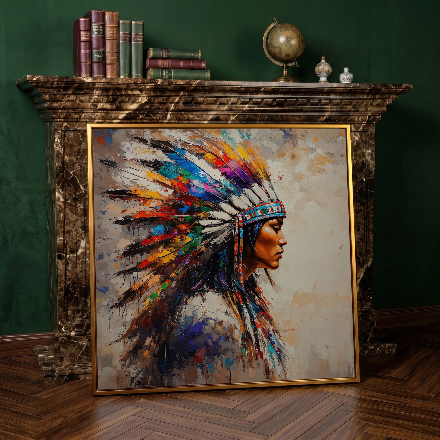 American Indian Woman Portrait Canvas in antique gold floating frame