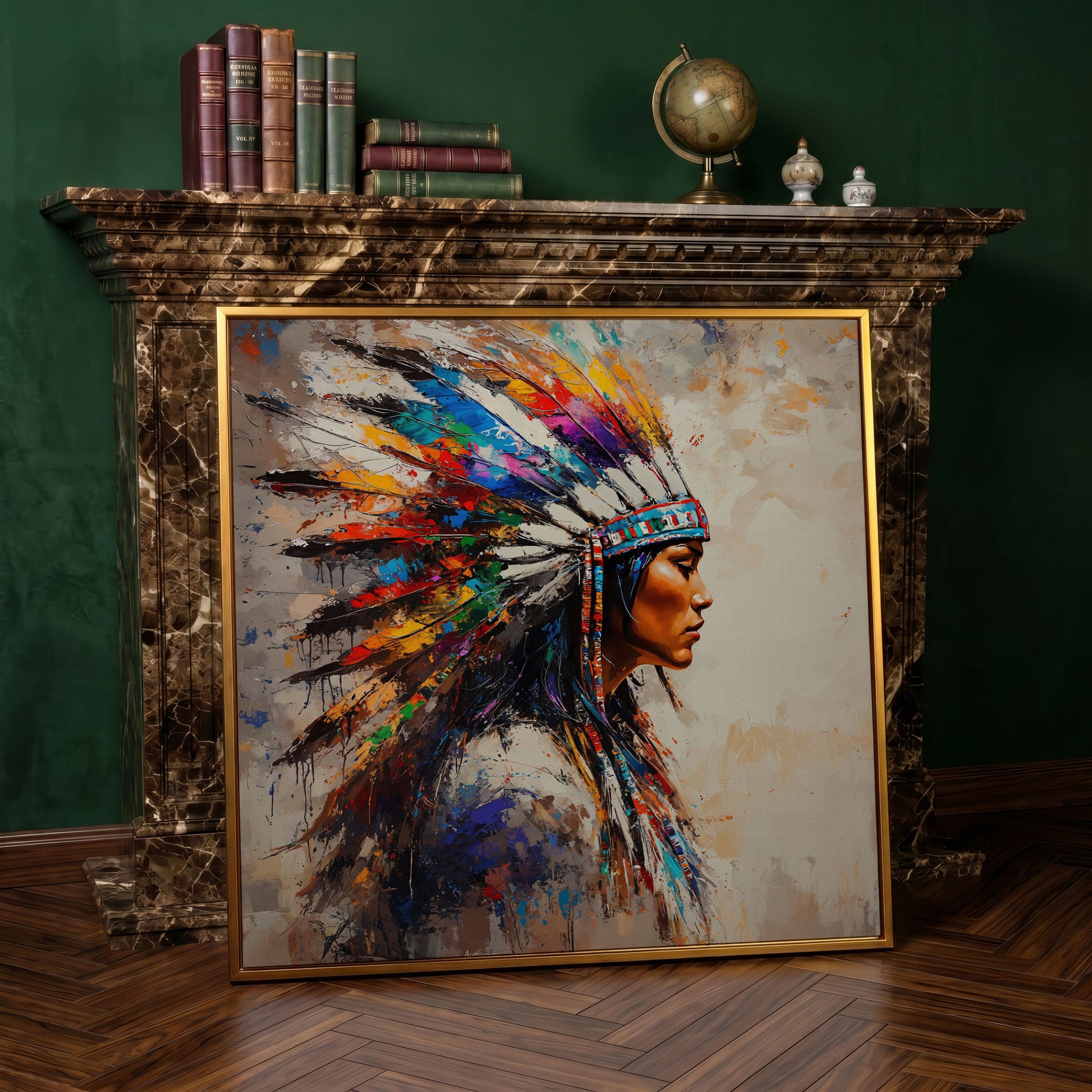 American Indian Woman Portrait Canvas in antique gold floating frame