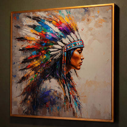 American Indian Woman Portrait Canvas shown in antique gold floating frame