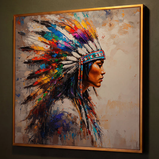 American Indian Woman Portrait Canvas shown in antique gold floating frame