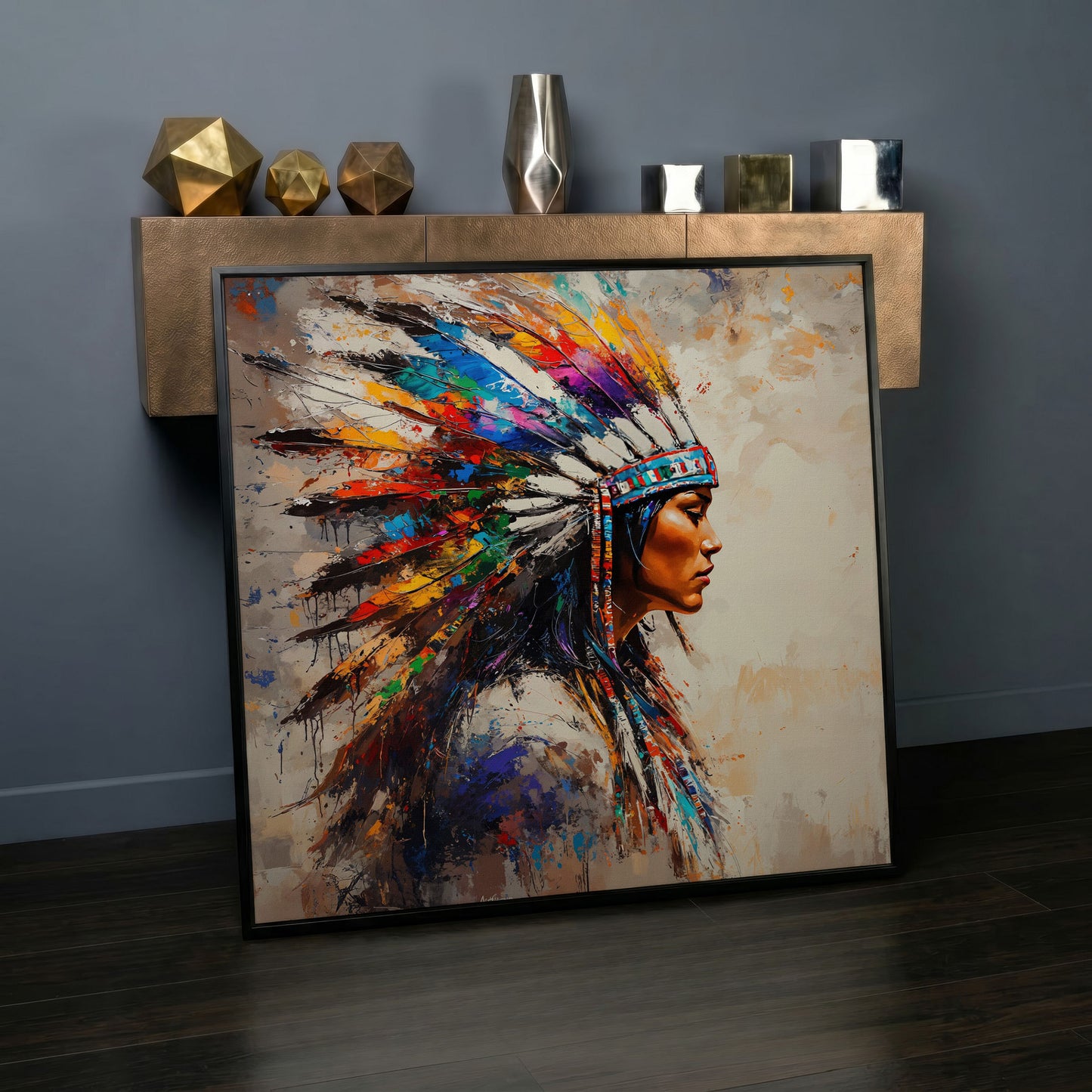 American Indian Woman Portrait Canvas in black floating frame