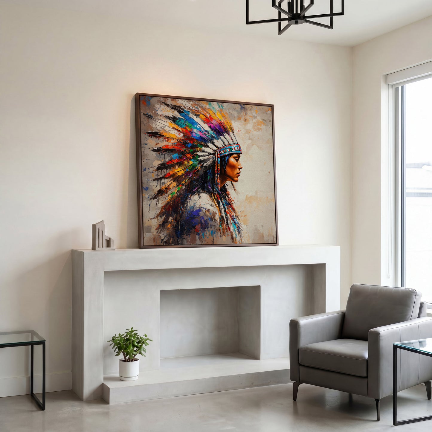 American Indian Woman Portrait Canvas in dark walnut floating frame