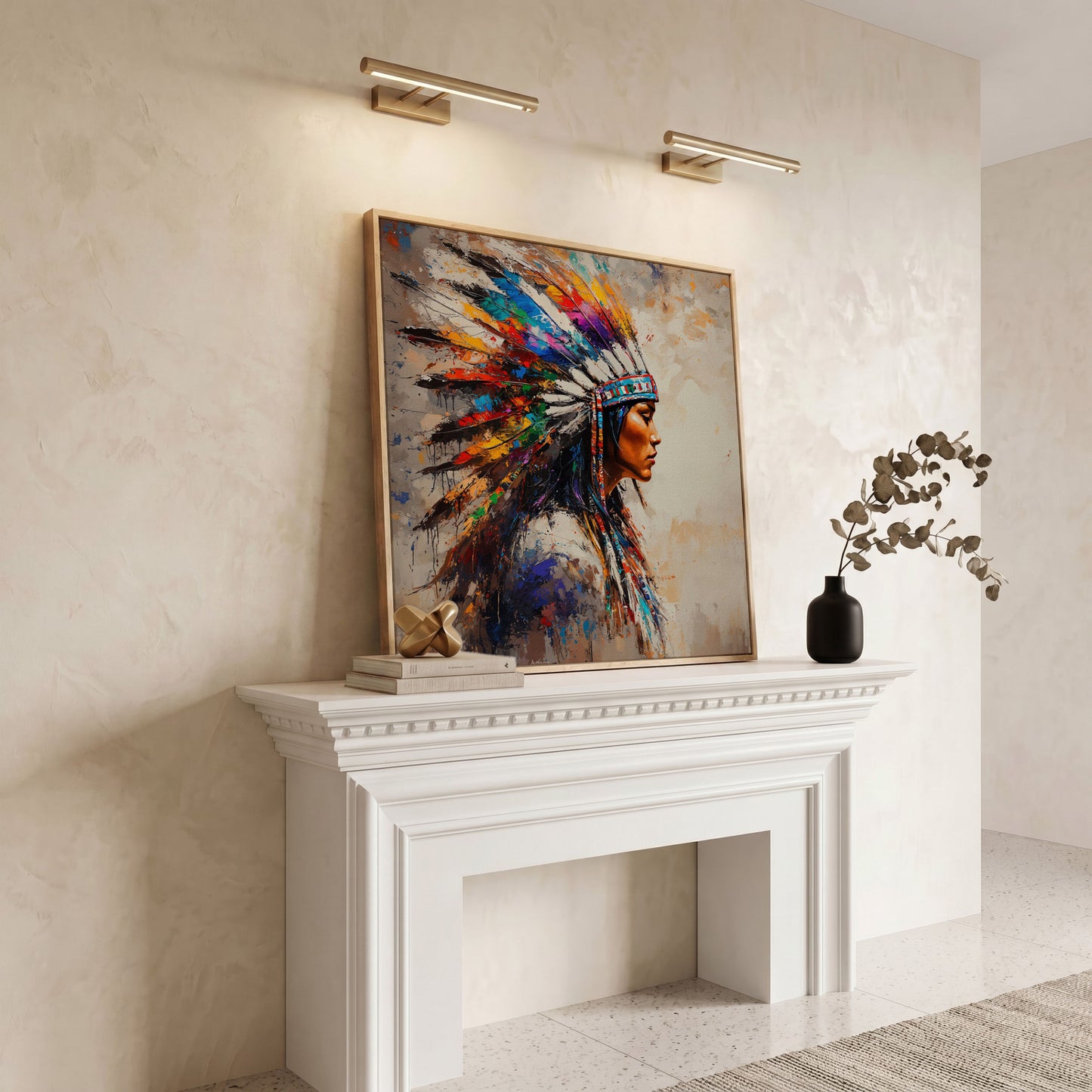 American Indian Woman Portrait Canvas in white oak floating frame