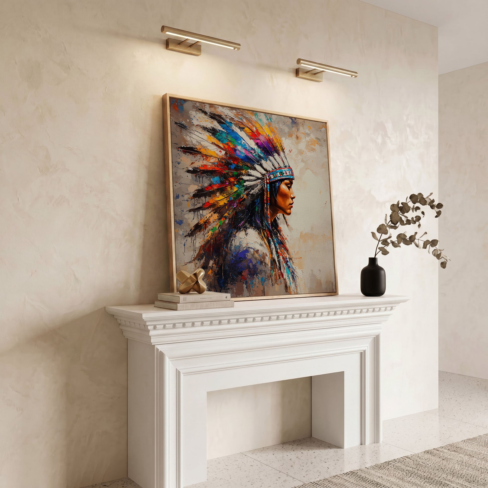 American Indian Woman Portrait Canvas in white oak floating frame