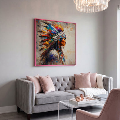 American Indian Woman Portrait Canvas in pink floating frame