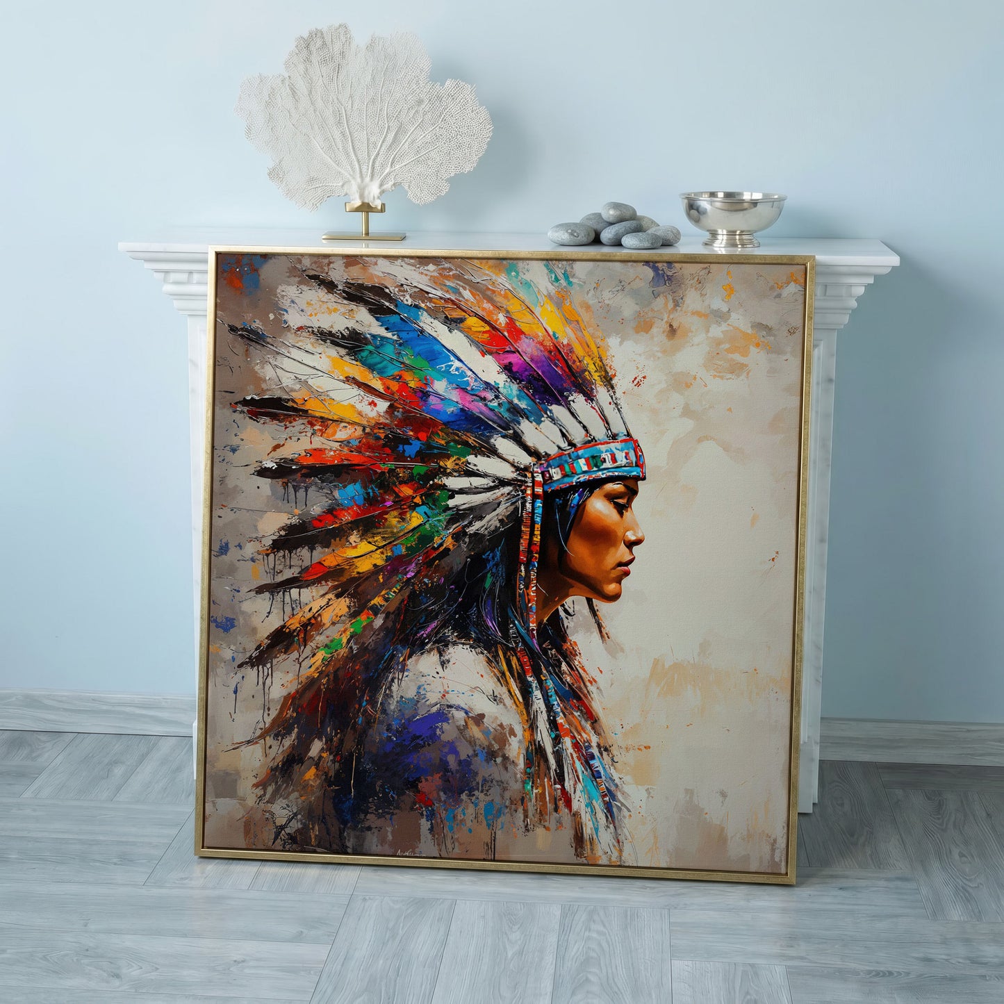 American Indian Woman Portrait Canvas in rose gold floating frame
