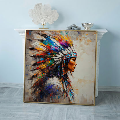 American Indian Woman Portrait Canvas in rose gold floating frame