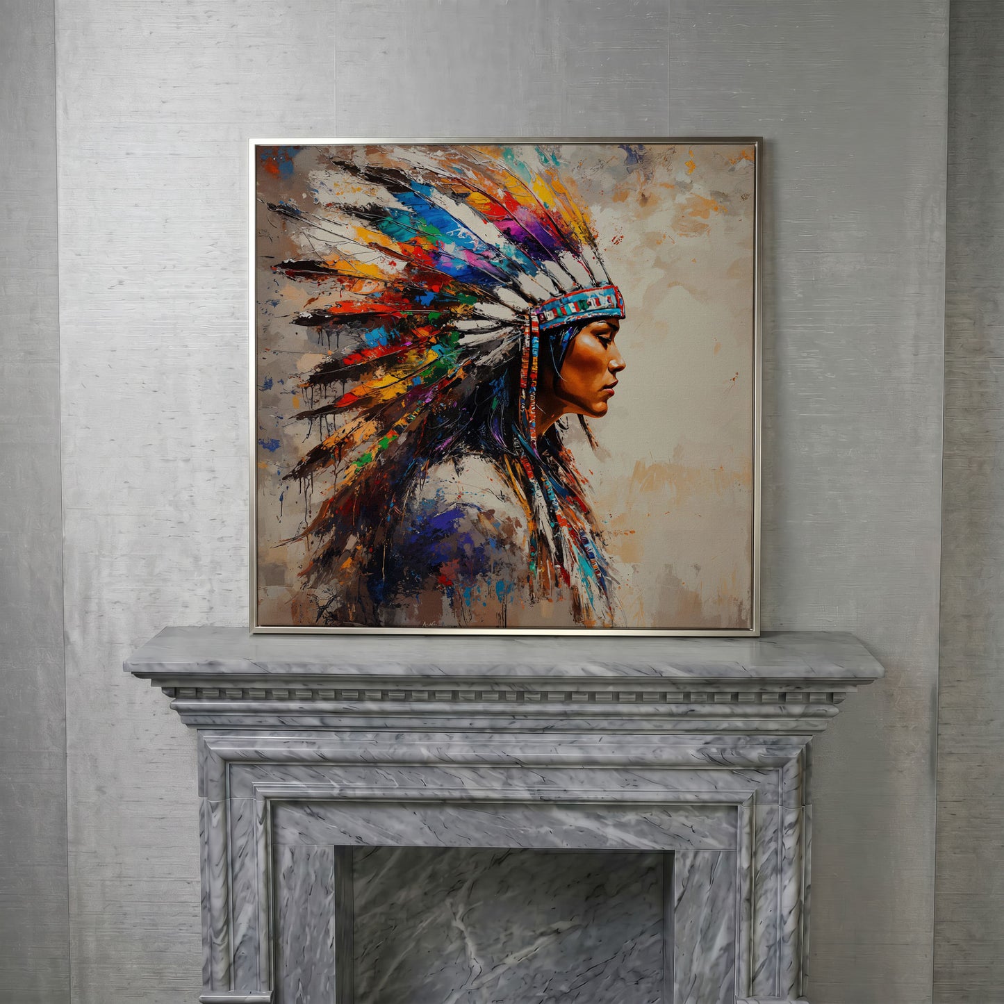American Indian Woman Portrait Canvas in silver floating frame