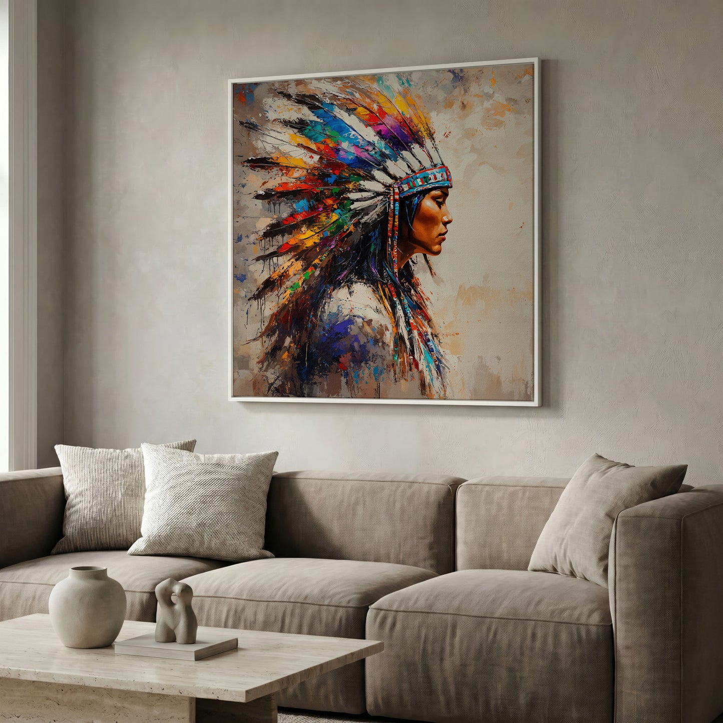 American Indian Woman Portrait Canvas in white floating frame