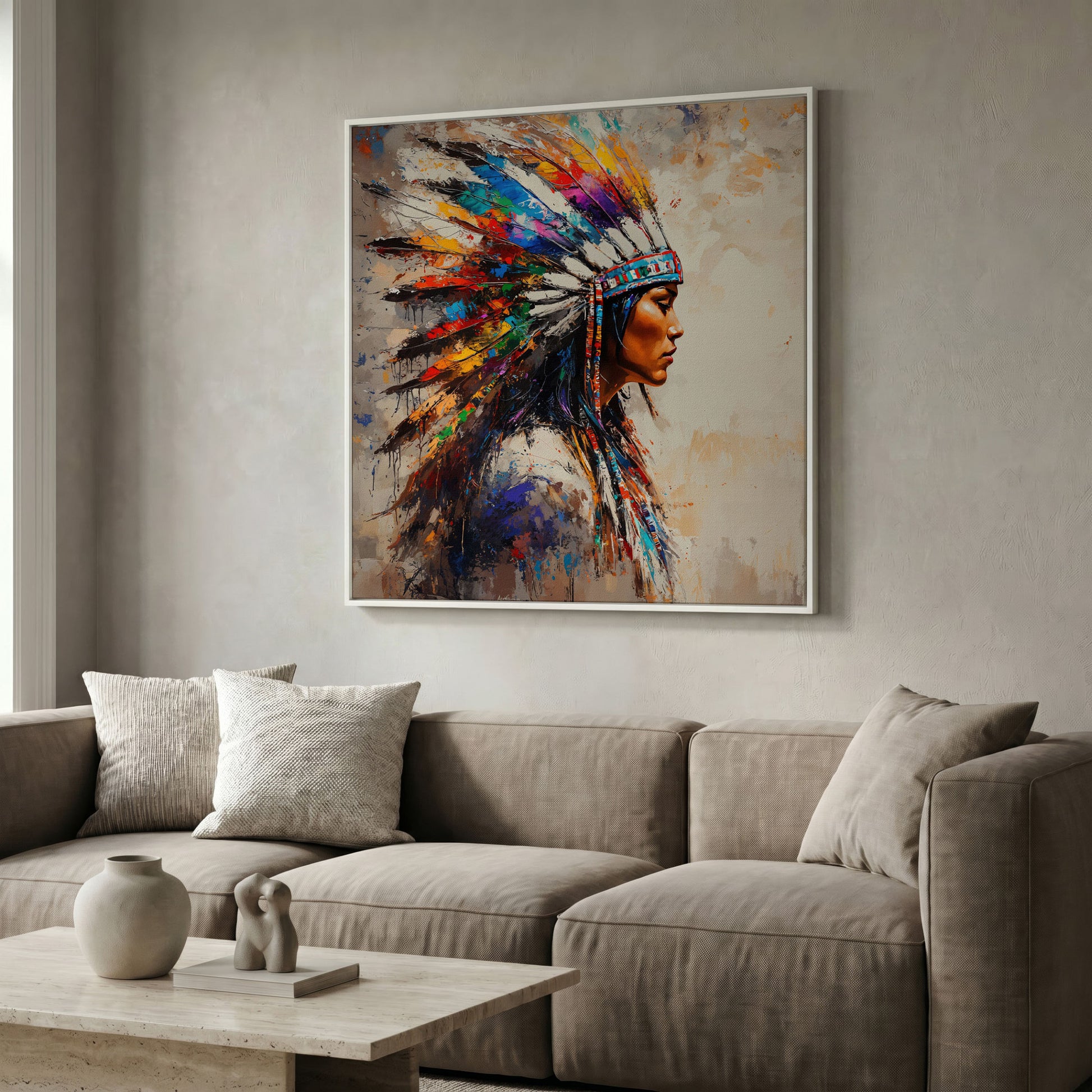 American Indian Woman Portrait Canvas in white floating frame