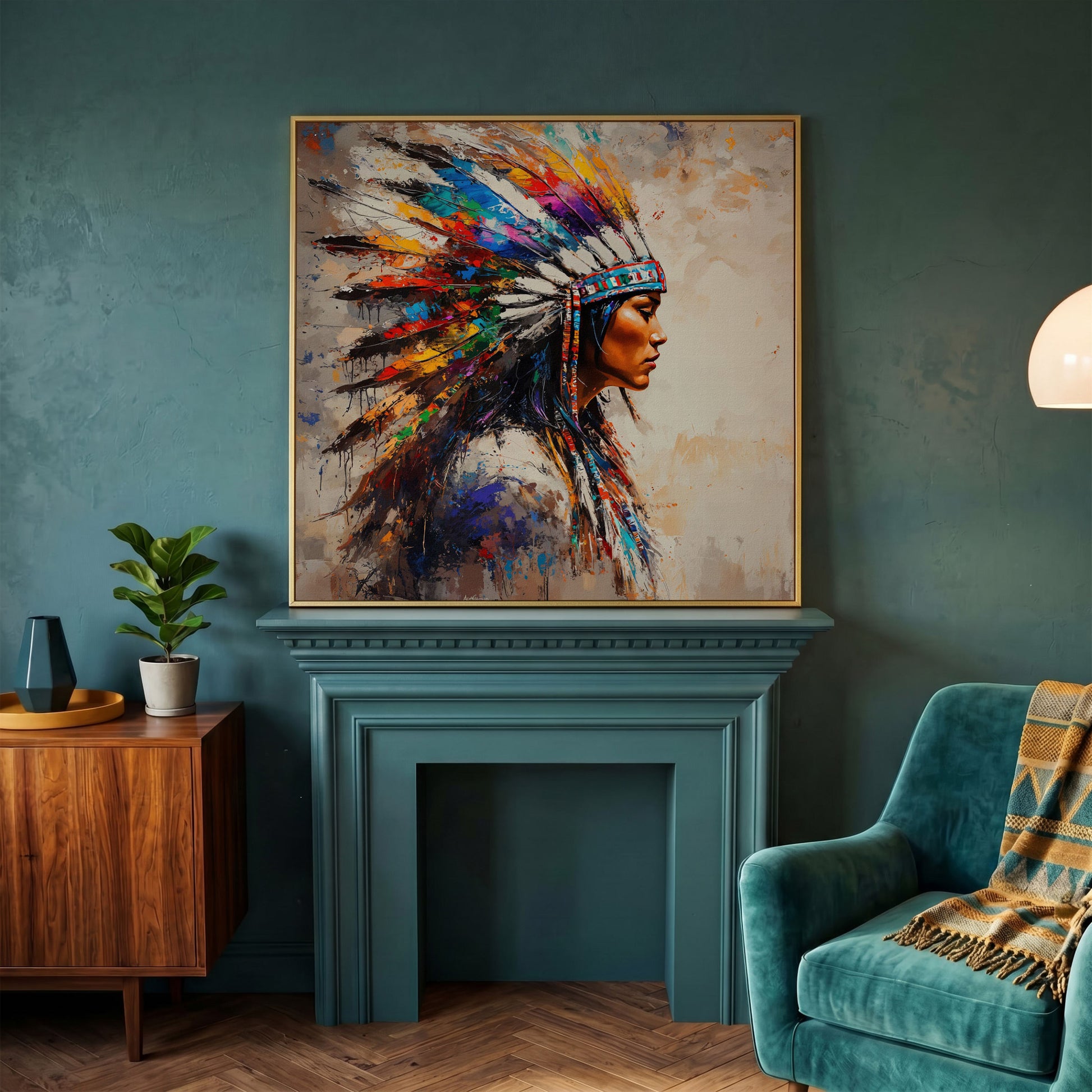 American Indian Woman Portrait Canvas in yellow gold floating frame