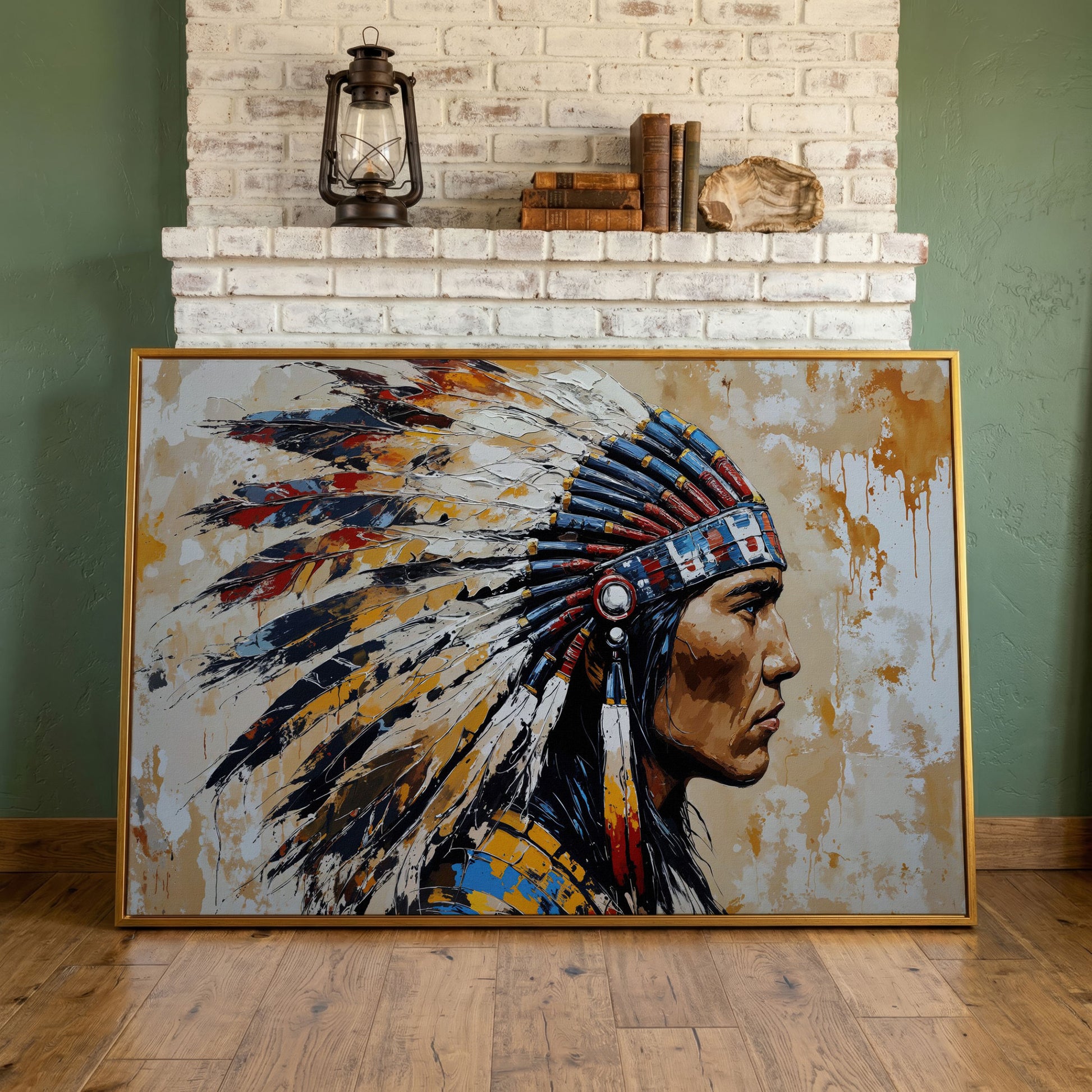 American Indian Chief Canvas Print with Tribal Headdress in antique gold floating frame